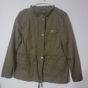 LE3NO Women Olive Green Jacket Pockets Drawstring Around Waist Size Small/Medium